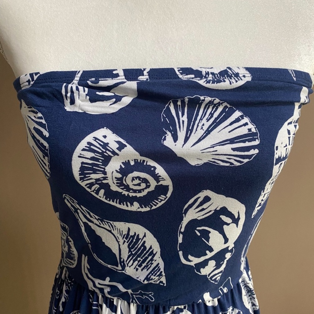 Venus - Strapless Navy and White Shell-Print Maxi Dress - Picture 2 of 8